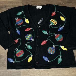 MANDALA BAY Black Christmas Light Ornaments Cardigan Sweater Sz XL Embroidered